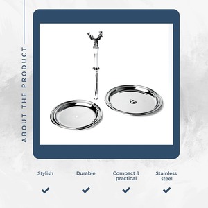 Support de service en métal à deux niveaux au design luxueux avec poignée décorative en forme de tête de cerf et finition argentée polie miroir, parfait pour les desserts - Product Image 2