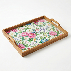 Bandeja de Servir de Madera de Acacia con Asas, Rectangular, Decorativa con Diseño Floral, para Comida, Desayuno en la Cama, Tabla de Charcutería - Product Image 4
