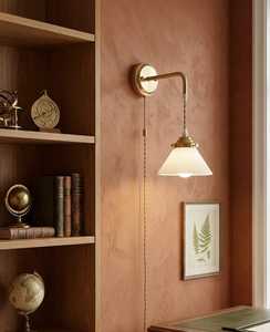 Modern Brass Finish Hanging Wall Pendant <b>Light</b> with Pleated Glass Lampshade <b>LED</b> Swing Wall Lamp <b>for</b> Hotel Bedroom Corridor <b>Room</b> - Product Image 3