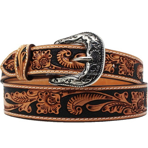 Cinturón de cuero occidental genuino para hombre hecho a medida en relieve con diseño de hoja Premium con hebilla de pasador de latón antiguo de diseñador - Product Image 1