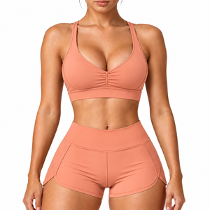 Women's 2 Piece Solid Soft Workout Set <b>Halter</b> Sports <b>Bra</b> High Waist Biker Shorts Custom Logo Low MOQ Yoga Fitness - Product Image 1