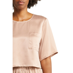 ODM/OEM Women's Summer Short Sleeve Ice Silk Sleeping Skirt Pajamas Crop Top Silk Shirt With High Waist <b>Pant</b> Sexy Set For Ladies - Product Image 6