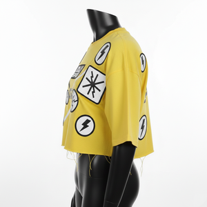 T-shirt court pour femme en jersey de coton premium, jaune, avec patch appliqué et logo thermocollé, respirant - Product Image 3