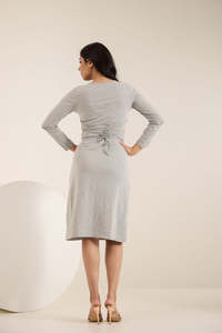 Vestido Midi Gris Sencillo de Punto, Cuello Redondo, Manga Larga, Estilo Tubo, Casual, para Uso Diario, Transpirable, Corte Regular, Color Sólido, Manga Completa - Product Image 5
