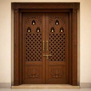 Puerta de Templo Moderna de Madera Personalizada, Hecha a Mano, Entrada de Mandir con Intrincados Grabados Florales, Rejilla Jali, Motivo Om, Loto, para Interiores - Product Image 6