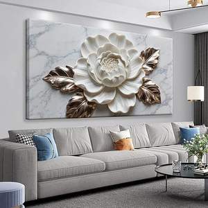 Arte Mural Clásico de Lujo Suconvng para Sala de Estar, Textura de Mármol, Flor Blanca, Lienzo Ecológico con Impresión UV, Decoración para el Hogar - Product Image 1