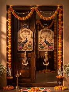 Juego de Adornos de Pared de MDF con Diseño de Pavo Real Tradicional Hecho a Mano, Elegantes Adornos Colgantes para Puerta de Boda India Festiva, Decoración para el Hogar Diwali Pooja - Product Image 2