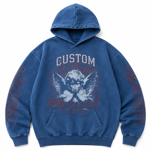 Sweat-shirts à capuche personnalisés en molleton épais, effet délavé à l'acide, avec motif ange imprimé tendance, coupe oversize, style streetwear - Product Image 1