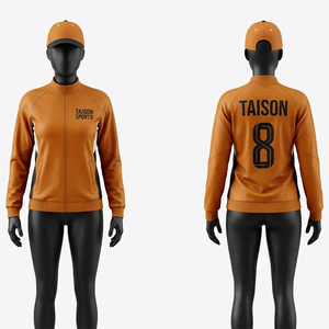 เสื้อแจ็คเก็ตฝึกซ้อมฟุตบอลหญิง 240 GSM ผ้าโพลีเอสเตอร์อินเตอร์ล็อค ระบายอากาศได้ดี สีส้ม ขาว เขียวอมฟ้า แบบแผง  รับสกรีนลายแบบ Heat Transfer - Product Image 6