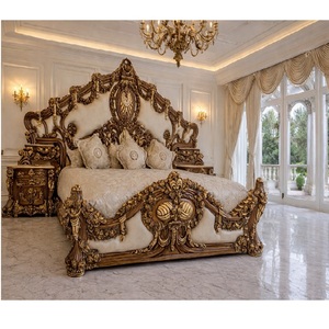 Lit Maharaja au look majestueux, finition antique, meubles de chambre à coucher royaux en teck massif sculpté à la main, fabrication américaine, pour le marché britannique. - Product Image 1