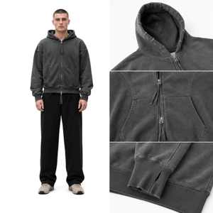 Men's <b>Black</b> Oversized Zip-Up Hoodie Solid Color French Terry Cotton <b>Crop</b> Length Regular <b>Sleeve</b> Autumn Wear - Product Image 4