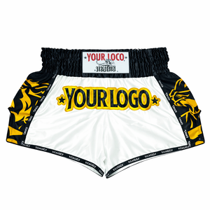 Shorts de Muay Thai personnalisés avec broderie OEM MFG, design de luxe blanc et or, 100% polyester satiné, légers, respirants, coupe large - Product Image 5