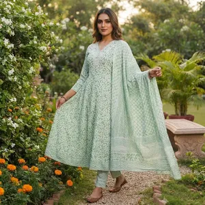 Women Green Floral Printed Anarkali <b>Kurta</b> Set V Neck Flared <b>Dress</b> With Dupatta Traditional Ethnic Festive Wear - Product Image 4