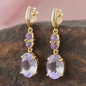 Pendientes de piedras preciosas de cuarzo amatista, Plata de Ley 925, joyería India chapada en oro hecha a mano - Product Image 3