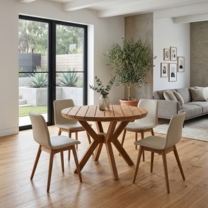 Table de salle à manger ronde en teck massif pour intérieur et extérieur, plateau à lattes, pieds en forme de croix, teck naturel, meubles de terrasse - Product Image 2