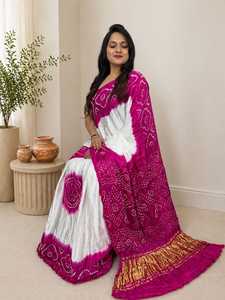 <b>Red</b> White Bandhani Silk <b>Saree</b> Traditional Indian Classical Fancy <b>Saree</b> For Womens - Product Image 2