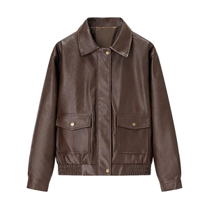 Custom <b>Women's</b> PU Leather <b>Jacket</b> Cropped Bomber Coat Snap Button Flap Pocket Elastic Hem Wholesale - Product Image 3