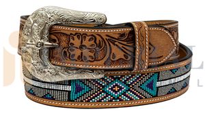 Full Grain Leather Western Stylish Hand Tooled Belt Antique Floral Engraved Silver <b>Pin</b> Buckle Beaded Inlay Unisex Wholesale Belt - Product Image 3