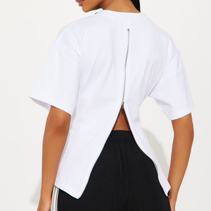 T-shirt de course pour femme à manches courtes, coupe régulière, col rond, respirant, 100 % coton, avec fermeture éclair au dos, qualité supérieure - Product Image 4