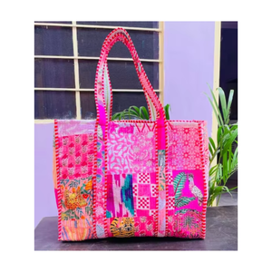 Bolsos de mano de algodón con estampado de bloques Bolso acolchado de algodón con estampado de bloques de mano indio Bolso de playa - Product Image 4