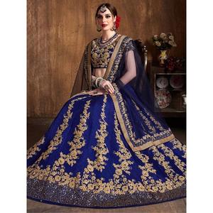 Fascinant bleu marine brodé en soie brute Lehenga Choli - Product Image 6