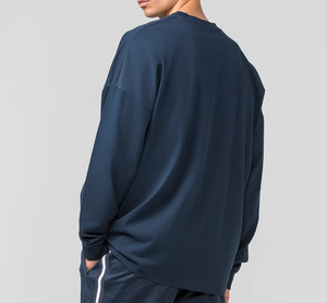 T-shirt à manches longues surdimensionné pour homme, 100% coton, couleur unie, col rond, logo tricoté sur le devant, style streetwear décontracté, coupe régulière - Product Image 3