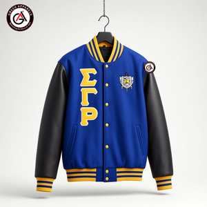 เสื้อแจ็คเก็ตมอเตอร์ไซค์ปักลาย Sigma Gamma Rho Sorority สำหรับผู้หญิง |   เสื้อแจ็คเก็ตแขนหนังบุผ้าขนสัตว์แบบควิลท์ - Product Image 1