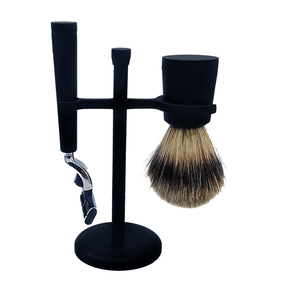 LEO BEAUTY PR0 LUXURY BLACK SHAVING SET Ensemble de rasage pour homme Brosse à raser Rasoir à 5 lames Manche en bois de rose et métal Poils de blaireau pur - Product Image 2