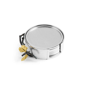Stainless Steel Butterfly Ginkgo <b>Coaster</b> Set Of 6 With Gold Tone Stand Round Metal <b>Drink</b> <b>Coasters</b> For Elegant Home Decoration - Product Image 1
