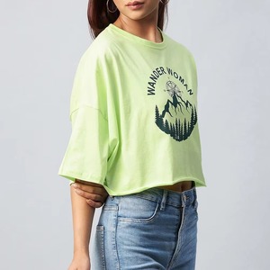 Wander Woman Crop <b>Top</b> Women's Loose Fit Short Sleeve Crew Neck T-Shirt Green Cotton Casual Spring Summer Printed Logo Jersey - Product Image 2