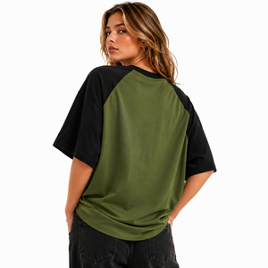 Premium Oversized Olive Green <b>Raglan</b> women's shirt Custom Number Print Drop Shoulder Loose Fit Varsity Streatwear Boxy Fit Tee - Product Image 2