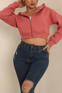 Sweat à capuche rose pour femme, coupe classique, manches longues, couleur unie, double fermeture éclair, décontracté, pour l'automne - Product Image 4