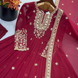 Women's Heavy Georgette Embroidered <b>Sequin</b> Gown Set with <b>Pant</b> and Dupatta Ready to Wear Festive Ethnic Wear - Product Image 4