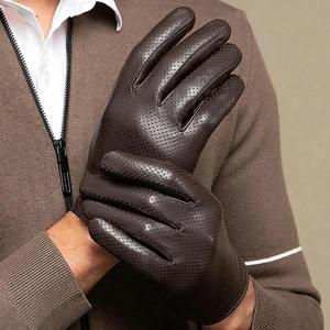 MERITORIOUS INTERNATIONAL Men's <b>Thin</b> Genuine Leather Touchscreen Compatible Motorbike <b>Gloves</b> Breathable Eco-Friendly Needle - Product Image 1