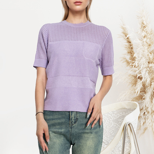 Camiseta Unisex de Punto Lila 100% Algodón Transpirable con Apliques, Manga Corta, Cuello Redondo, Bolsillo, Corte Regular, Ropa Casual de Verano, 300g - Product Image 4