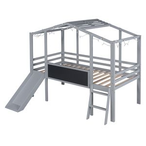 Letto a soppalco per bambini a una piazza e mezza con scaletta e scivolo, grigio con lavagna e striscia luminosa, design a casetta - Product Image 4