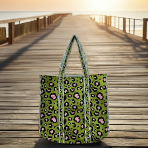 Handmade Bohemian <b>Green</b> Quilted Cotton Fashion Tote <b>Bag</b> Women Customizable Zipper Elegant Floral Print Screen Printed - Product Image 1