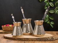 Ensemble de 3 cafetières turques modernes écologiques en argent texturé, en cuivre plaqué argent, Cez Ibrik, cafetière arabe de qualité supérieure