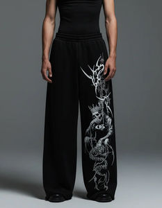 Pantalones Góticos de Pierna Ancha Negros, Largos, de Cintura Alta, Ajuste Holgado, con Estampado de Calavera, Serigrafía y Bordado Decorativo en la Pierna Derecha - Product Image 3