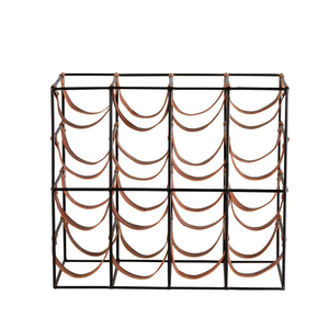 Porte-bouteilles de vin moderne en fer noir industriel et cuir cognac pour 9/16 bouteilles – Présentoir élégant sur pied pour comptoir - Product Image 1