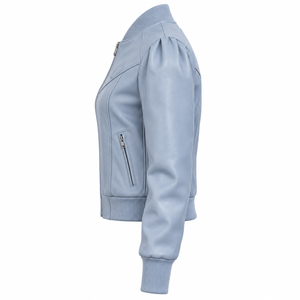 Sky Blue <b>Womens</b> Soft Lambskin <b>Leather</b> Bomber <b>Jacket</b> Puff Sleeve Seam Detail Rib Waist Hem Custom Manufacturer Export Vendor - Product Image 4