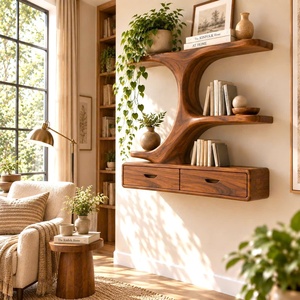 Estante de pared de madera Luxali contemporáneo, único y hecho a mano, con múltiples estantes y cajones para el hogar, la oficina, el estudio y la sala de estar. - Product Image 5
