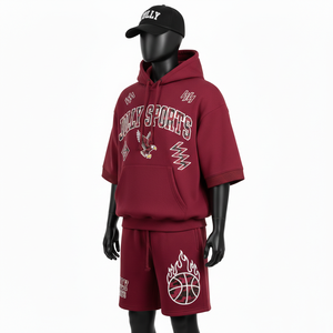 Ensemble sweat à capuche et short en molleton de coton de haute qualité pour homme, 320 GSM, bordeaux, streetwear, avec empiècements en mesh et logo imprimé. - Product Image 4