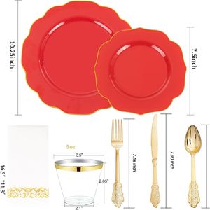 Set di stoviglie in plastica rossa da 175 pezzi, posate dorate usa e getta, include 50 piatti in plastica rossi e dorati, 25 coltelli, 25 forchette, 25 posate per feste - Product Image 3