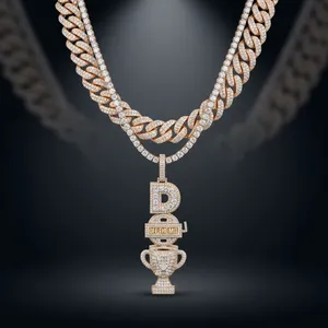 Colgante de Diamante Moissanite con Letra D y Dije de Trofeo, Corte Redondo, Micro Pavé, Chapado en Oro Sólido, Estilo Hip Hop, Joyería para Hombre - Product Image 1