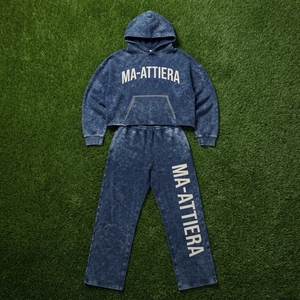 Custom <b>Women</b> Acid Wash <b>Navy</b> Blue Cropped Hoodie Jogger Set Cotton Fleece Streetwear Tracksuit OEM Wholesale - Product Image 5