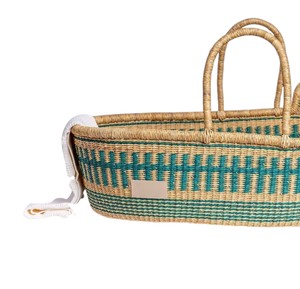 Crafted green blocked motif bassinet seagrass <b>changing</b> <b>basket</b> integrated with rattan <b>changing</b> kid <b>basket</b> and straps - Product Image 3