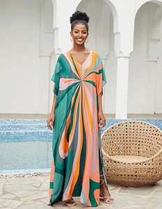 Robe Abaya Maxi Col V Manches Courtes Coupe Ample Motif Géométrique Ourlet Asymétrique Plage Été Femme Polyester Style Bohème - Product Image 2
