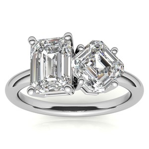 Bague de fiançailles en moissanite taille émeraude et taille Asscher 3TCW, style célébrité, bague Toi et Moi en or blanc 14K - Product Image 1