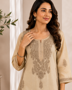 Beige Embroidered Straight Elegant Sand Beige Embroidered <b>Kurta</b> Set Buy Direct From Supplier - Product Image 3